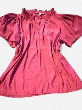 Rose & Olive Rose Pink Ruffle-Neck Puff Sleeve Blouse, Size M